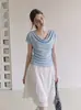 Top de tricô de seda gelada com gola franzida, elegante, minimalista, estilo francês, caimento justo, para mulheres, verão, casual, versátil, manga curta, único 623