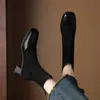 Botas simples e finas de bico quadrado com salto grosso de 5cm, elegantes botas de meia elástica com patchwork, camurça fosca, botas elásticas de luxo leve para mulheres