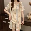 Pijama de Algodão com Nuvem Feminino Verão Fofo Desenho Animado Fino Decote V Manga Curta Shorts Conjunto Solto Roupa de Casa