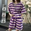 Conjunto de Camiseta de Manga Corta a Rayas para Mujer 2026 Verano Nuevo Estilo Holgado Adelgazante Talla Grande Pantalones Cortos de Pierna Ancha Conjunto de Dos Piezas