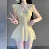 Maiô Feminino 2026 Novo Estilo com Mangas Pequenas Volumosas, Peça Única Conservador Estilo Saia Verde Abacate Estudante Alta Qualidade Roupa de Banho para Fontes Termais