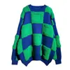 Nuevo Diseño de Estilo Perezoso Otoño e Invierno con Colores Contrastantes, Cuello Redondo, Suéter Pulóver de Cuadros Retro para Mujer, Prendas de Punto de Abrigo Talla Grande