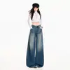 Jeans femininos de perna larga, fluidos, com lavagem em denim, estilo americano com lavagem desgastada, calças compridas azuis, comprimento estendido azul, algodão de primavera, 2026