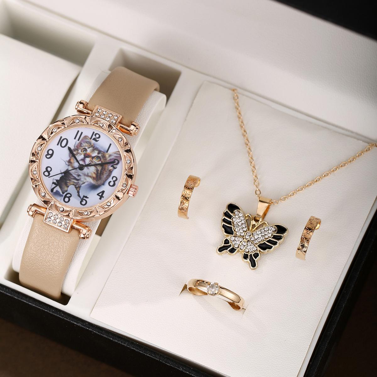 4件套黑色蝴蝶吊坠首饰套装（卡其色手表光板皮） (1).JP