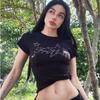 Camiseta feminina estilo americano, estampa de estrela, estampa de umbigo exposto, gola redonda, slim, estampa de umbigo exposto, jaqueta corta-vento, atacado