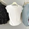 Camiseta de Cor Pura com Decote V, Manga Curta Regular, Estilo Doce Coreano, para Mulheres, Verão 2026, Franzido na Cintura Lateral, Slim