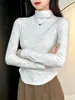 Camiseta Básica de Terciopelo con Cuello Medio Alto y Tie-Dye Estilo "Hot Girl" Americana para Mujer, Top Elegante de Manga Larga con Cintura Fruncida Adelgazante para Otoño