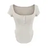Atacado de Roupas Femininas Transfronteiriças Estilo Europeu e Americano Camiseta de Manga Curta com Bainha Curva de 3 Botões Verão Novo Cor Pura Versátil