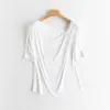 Camiseta de punto de seda de morera para mujer, color liso simple francés, cuello oscilante, holgada, adelgazante, para commuting, 24 primavera y verano, fina, manga corta