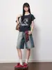 Shorts Jeans Lavados de Corte Solto para Mulheres, Novo Verão 2026 Calças Retas de Cintura Alta de Perna Larga Emagrecedoras de Comprimento Médio