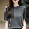 Tricô de Gola Redonda de Fio de Algodão Suave Francês para Início de Outono Feminino Manga de Cinco Pontos Solto Emagrecedor Manga Curta Suéter Camada de Base