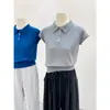 Camiseta Base de Punto de Manga Corta Casual de Verano para Mujer con Cuello Polo Europeo y Mangas Raglán, Delgada, Hombro Normal