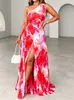 Moda de Verano para Mujer para Comercio Exterior, Estilo Europeo y Americano, Sitio Independiente, Aliexpress, Vestido de Tirantes Cruzados Plisado Estampado de Un Solo Hombro Sin Mangas Inspirado en Diseñador
