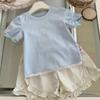 Camiseta de manga curta de verão para meninas, bebê, estilosa, infantil, distinta, tendência, renda, listrada, floral, laço, top