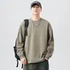 2025 Nova Camiseta de Outono de Bambu de Manga Comprida Masculina Solta Cor Pura Camiseta Gola Redonda Estilo Japonês Retrô Casual Camiseta para Usar por Baixo