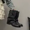 Pantalones bootcut plisados de moda, botines para mujer, nueva colección otoño 2026, botines de tacón grueso, versátiles con faldas, botines estilo Martin de motociclista