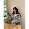Jaqueta moletom com capuz e zíper listrada clássica retrô americana para mulheres, moletom casual estilo coreano para primavera e outono