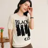 26 Verano Nuevo Estilo Algodón Puro Tejido Manga Corta Cuello Redondo Bordado de Letras Gato Top Camiseta a la Moda Ropa para Mujer