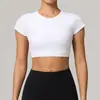 Camiseta Esportiva de Manga Curta para Mulheres, Estilo Europeu e Americano, Secagem Rápida, Respirável, para Corrida, Fitness, Yoga, com Bojos, Costas Abertas, à Prova de Impacto, Verão