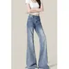 Jeans Feminino Novo Vintage Azul de Perna Reta Levemente Flare Slim-Fit para Primavera e Outono de 2026, Lavado e Desgastado, Calça Longa Versátil, Tendência