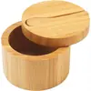 Caja de Sal de Bambú Personalizada con Cuchara Tarro de Especias para Cocina Tapa Magnética Giratoria Caja de Condimentos de Madera Maciza Contenedor de Condimentos para el Hogar