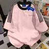 Camiseta de Algodón 100% Estilo Americano Fresca con Tres Rayas Cuello Redondo Manga Corta para Hombres y Mujeres Verano Holgada Versátil Top de Pareja ins