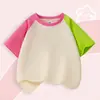 Camiseta Raglan Infantil, 100% Algodão, Gola nas Costas, Unissex Infantil Manga Sino Color Block Manga Curta para Meninas, Design Liso