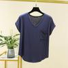 Camiseta de verano estilo coreano fina, holgada, con cuello en V y bolsillo, de manga corta, para mujer, de color liso, adelgazante, talla grande