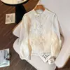 Nova camisa bordada estilo chinês com design tradicional chinês, gola alta abotoada vintage, top elegante na cor damasco, novo tecido de malha resistente
