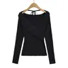 Camiseta Sexy de Cuello Halter en V Cruzado con Tirantes, Manga Larga para Mujer, Nuevo Estilo Otoño, Camiseta Base de Punto Ajustada