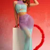 Al por mayor transfronterizo estilo europeo y americano nuevo color degradado traje sexy hueco perspectiva sin mangas red de malla vestido falda de sirena camisón
