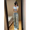 Jeans rasgados estilo americano para mujer, primavera/verano, para estatura petite y tallas grandes, de color claro, tiro alto, pantalones rectos de pierna ancha modernos desgastados