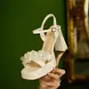 Sandálias Rosa com Strass para Mulheres, Verão 2026, Modelo Novo Estiloso e na Moda, Salto Alto de Salto Quadrado com Tira Única, Sapatos de Festa de Fada