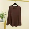 Camiseta de Manga Larga de Modal para Mujer Talla Grande Holgada de Primavera y Otoño, Delgada, Adelgazante, Cuello Redondo, Camisa Base de Color Sólido