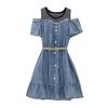 Vestido vaquero informal de verano con costuras de papaya y leche, a la moda, con volantes hasta los hombros y corte A