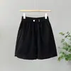 Shorts Casuales de Verano Finos de Sarga de Algodón Lavado para Mujer, Sueltos, Talla Grande, Línea A, Versátiles, Adelgazantes - Un Botón