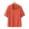 Top de cuello camisero para mamá, Camiseta de algodón y lino bordada de manga corta para verano, Ropa casual holgada para mediana edad y mayores, Traje de mujer