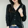Cárdigan de punto de algodón puro con cuello en V simple para mujer, de manga larga, adecuado para primavera y otoño, versátil, adelgazante, chaqueta suéter abotonada
