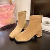 Botas elásticas adelgazantes de punta cuadrada estilo francés para mujer 2026 Nuevas llegadas Primavera/Otoño Botines cortos con tacón alto grueso