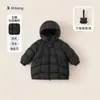 Casaco de inverno com capuz Bangxuan para crianças, comprimento médio, espessado para aquecimento, agasalho para meninas, design simples, jaqueta de plumas para meninos
