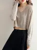 Jaqueta de Sol de Manga Curta Cor Sólida com Decote V para Primavera/Verão 2026 Cardigan de Malha Feminino Casual Solto de Lã Fina