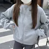 Top corto casual azul estilo coreano para mujer, nueva chaqueta con capucha y cremallera de manga larga para otoño 2026