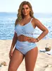 Maiô Duas Peças Azul e Branco Listrado de Cintura Alta Plus Size para Mulheres com Decote V com Recorte Cruzado, Efeito franzido e Cobertura para Corpos Curvilíneos
