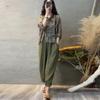 Conjunto de Algodão e Linho da Moda para Mulheres 2025 Verão Novo Estilo Cardigã Estampado Solto Que Cobre a Carne Calças Harem Conjunto Casual de Duas Peças