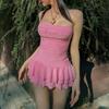 Europeo y Americano Transfronterizo Nuevo Sexy Rosa Strapless Cuello de un solo hombro Letra Pedrería Ajustado Chica Caliente Vestido con volantes Mujer