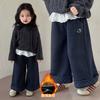 Calças Casuais com Forro de Fleece para Meninas Outono e Inverno 2025 Novas Calças de Fleece Infantis Calças de Inverno Retas de Pernas Largas para Meninas