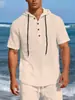 Nueva Camiseta de Lino de Manga Corta para Hombre, Camisa Casual con Capucha para la Playa, Camisa de Manga Larga de Color Sólido