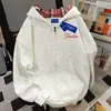 Sudadera con capucha de estilo perezoso de nicho con estampado de letras para mujer en otoño e invierno, forrada de forro polar, holgada y versátil, chaqueta cárdigan con cremallera para pareja