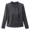 Moda Nueva Otoño e Invierno Talla Grande para Mujer Top de Manga Larga que Cubre el Vientre para Madres de Mediana Edad y Mayores, Cuello Semi-Alto con Botones y Cuello Fruncido