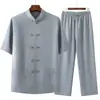 Conjunto de Roupas para Homens de Meia-Idade e Idosos, Traje Tang, Hanfu Masculino de Seda Gelada de Manga Curta, Roupa de Verão para o Pai, Roupa de Estilo Chinês para o Avô, Roupa para Idosos